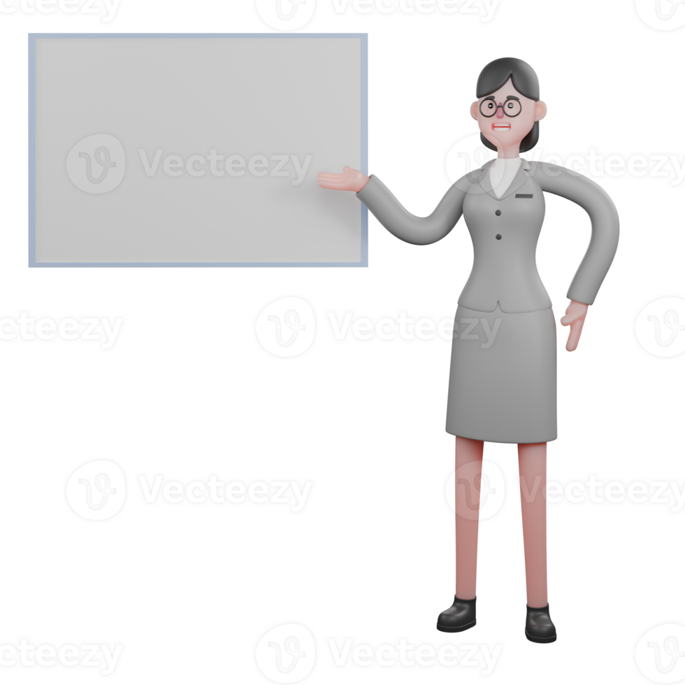 3D Cartoon News Specialist. A female journalist stands next to an empty presentation board, with a hand gesture pointing to the board. Journalism Scene png
