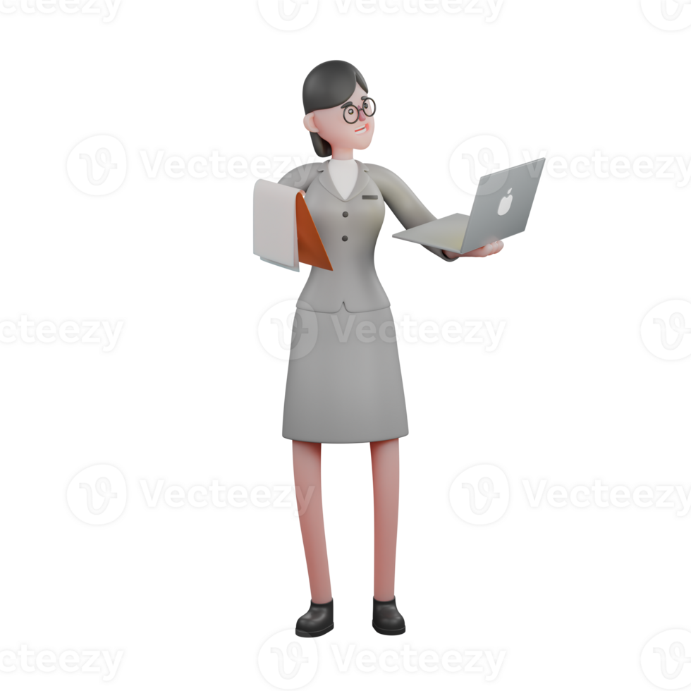 3D Media Character. A female journalist standing holding a clipboard in her left hand and her right hand holding a laptop. female Journalist Illustrated png