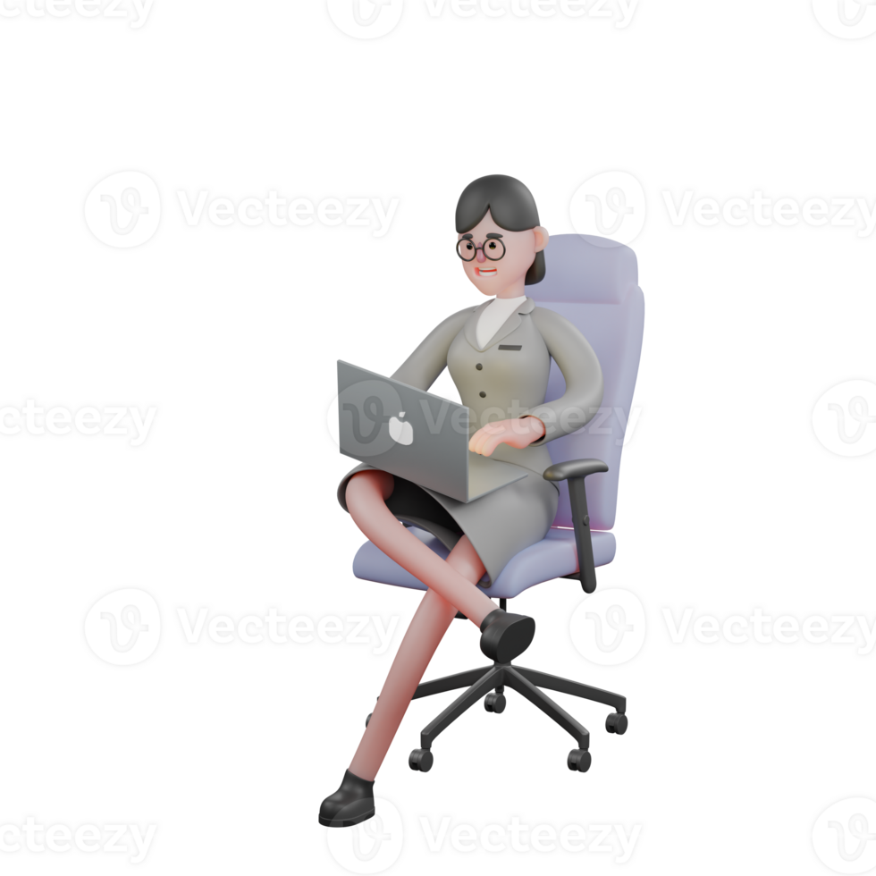 Cartoon Style Broadcast Journalist. A female journalist sits holding a laptop with both hands pressing the laptop. 3D female png