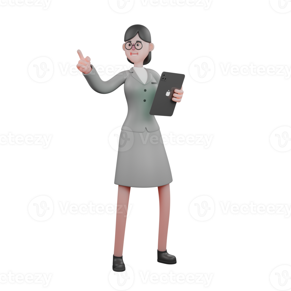Professional female Journalist in 3D. A female journalist stands with her right hand holding a tablet and her left hand pointing in a certain direction. Broadcasting Character png