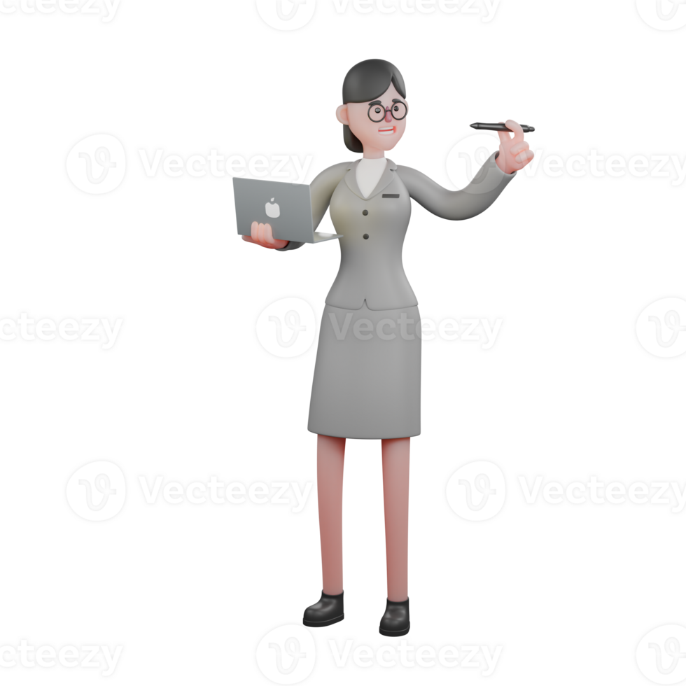 3D Model of female News Artist. A female journalist standing holding a laptop in her left hand and a pen in her right hand. Journalist Cartoon png