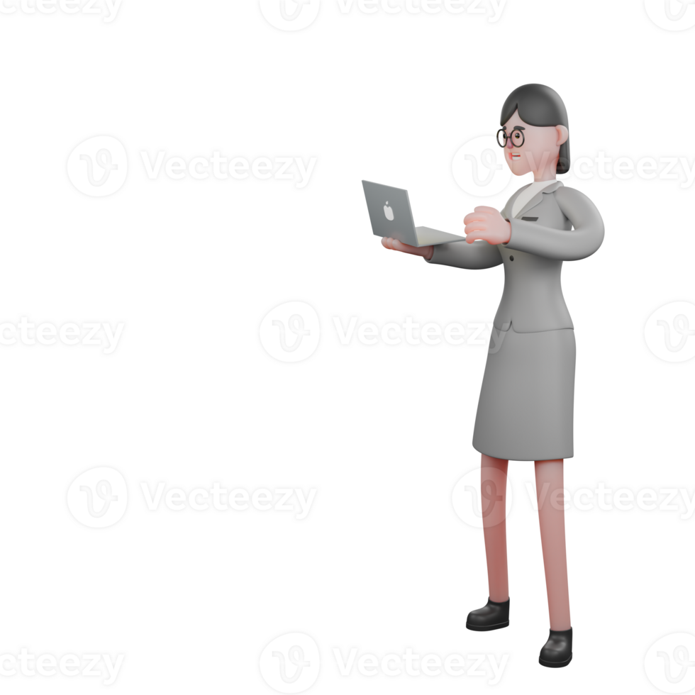3D Model of Professional female Journalist. A female journalist stands with her left hand holding her laptop while her right hand is beside the laptop. News Character png