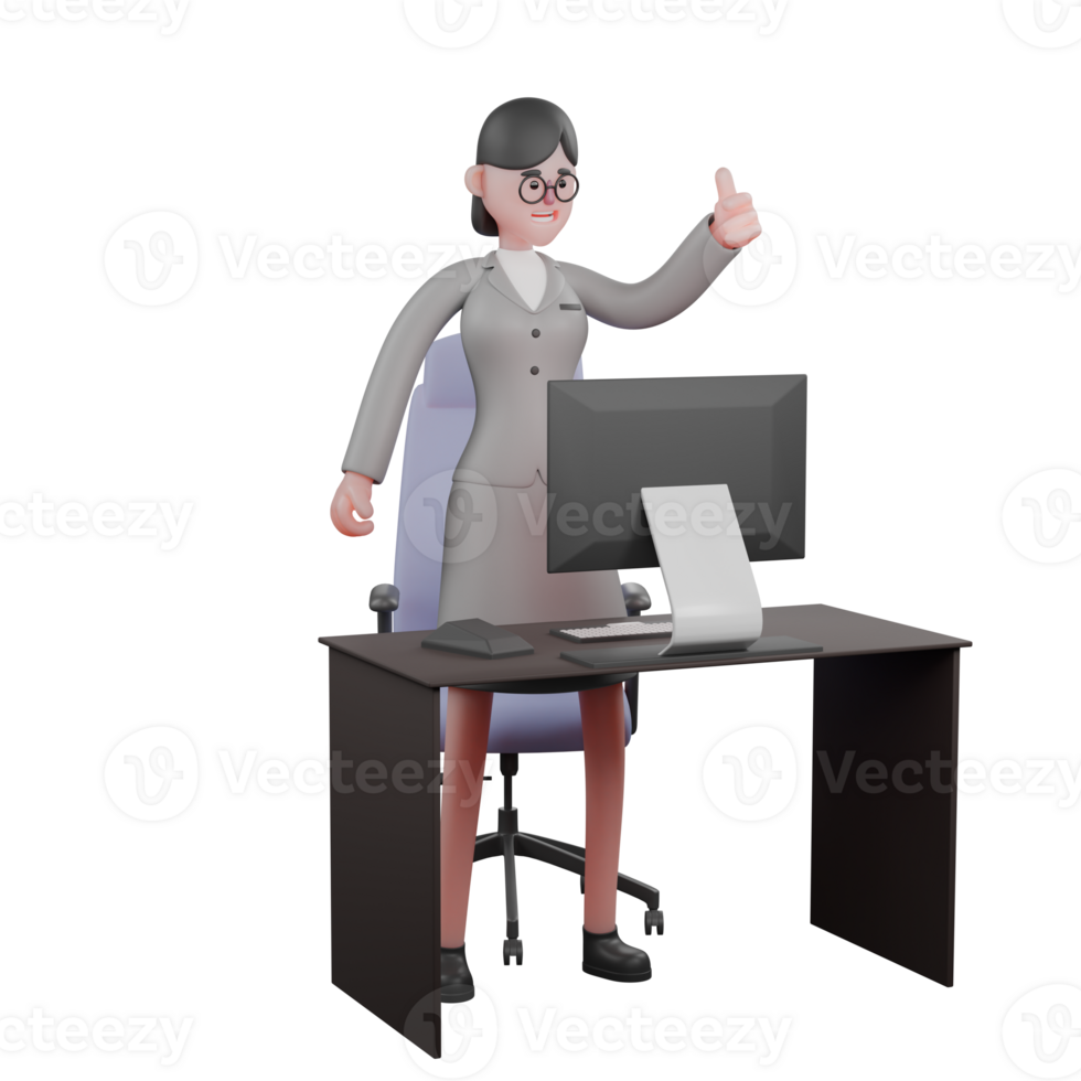 3D female Journalist in Professional Role. A female journalist stands behind a table with her right hand pointing her thumb. News Cartoon png