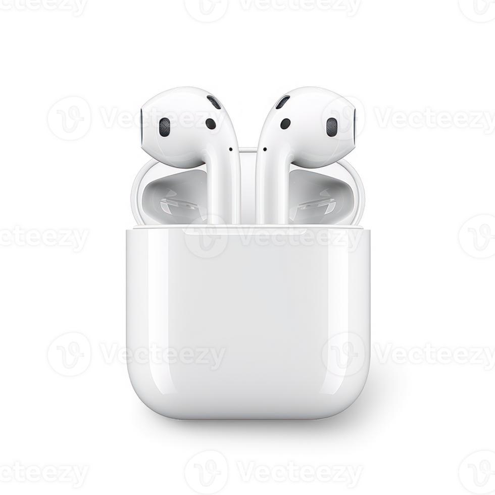 white apple airpods in a white case on a transparent background png