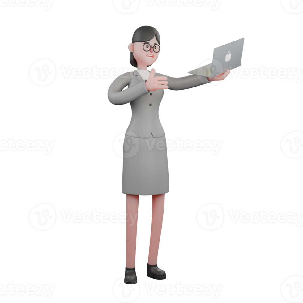 3D female Journalist News Illustrated. A female journalist stands while carrying a laptop and giving a thumbs up. Professional png