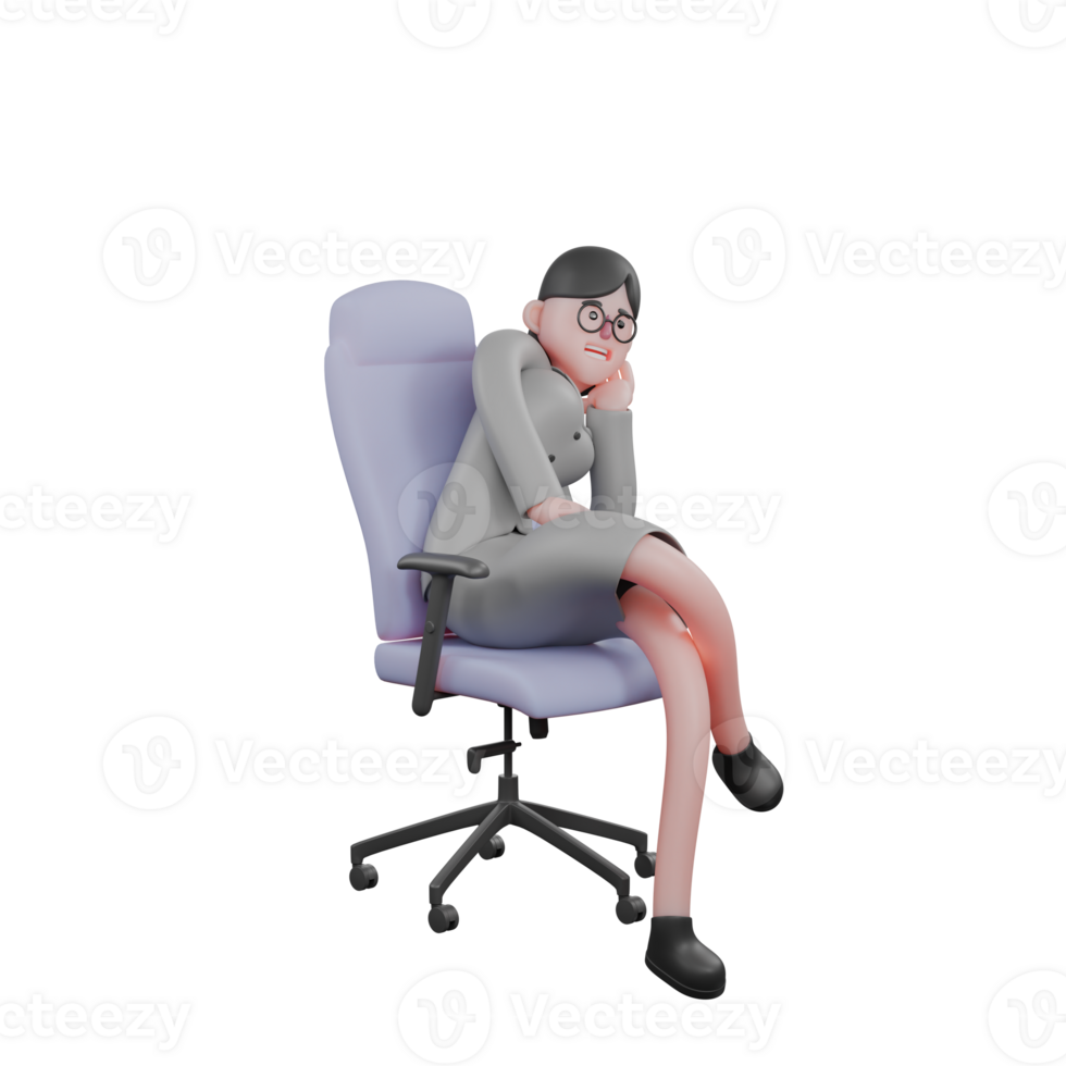 3D female News Character. A female journalist is sitting in her work chair with her legs crossed and one hand supporting her head. Journalist Professional png