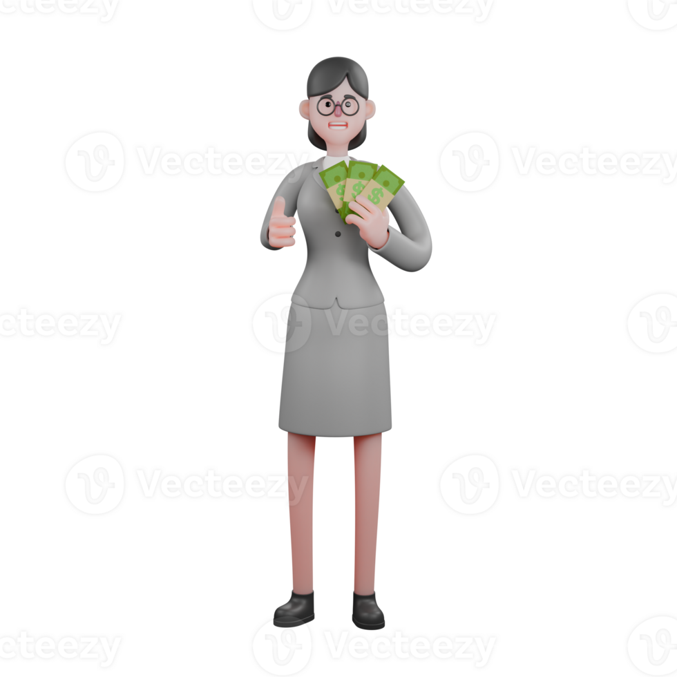 Professional Journalist Character in 3D. A female journalist is standing while carrying some money arranged like a folding tip. female png