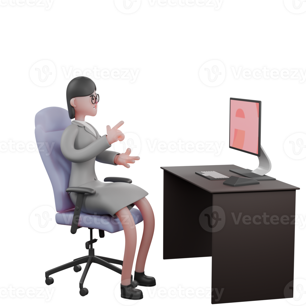 female Professional Journalist. A female journalist is sitting in her work desk chair with a monitor screen in front of her and giving a finger gun symbol. News png
