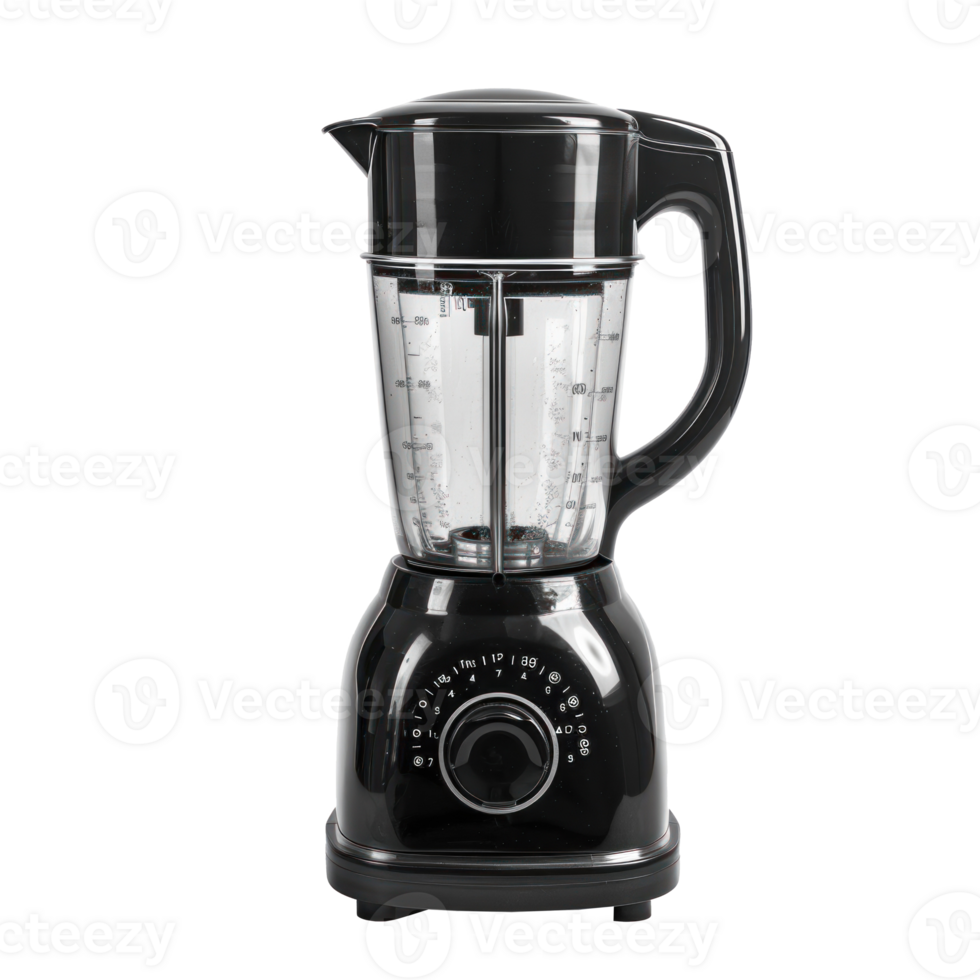 A black blender with a glass jar on a black background png