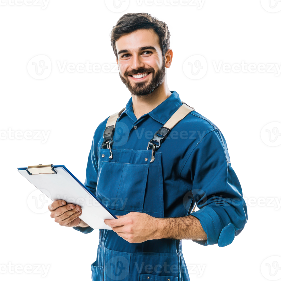Smiling auto mechanic man with hand holding a clipboard, standing isolate on transparent background png