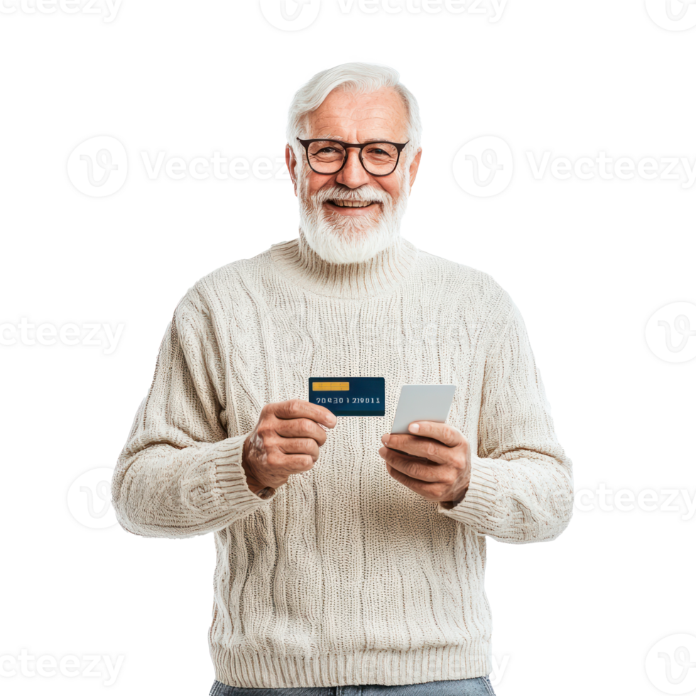 Smiling senior man holding holding a credit card and a mobile phone, standing isolate on transparent background png