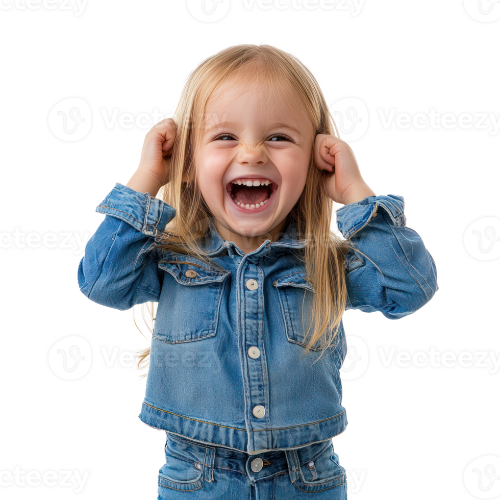 Pretty little girl laughing with excitement, head in hand, standing front view isolate on transparent background png