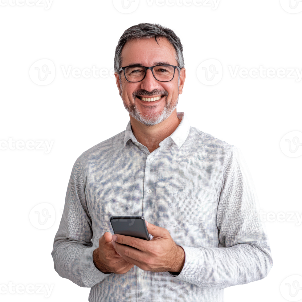 Happy smiling mature middle-aged man using smart phone, standing isolate on transparent background png