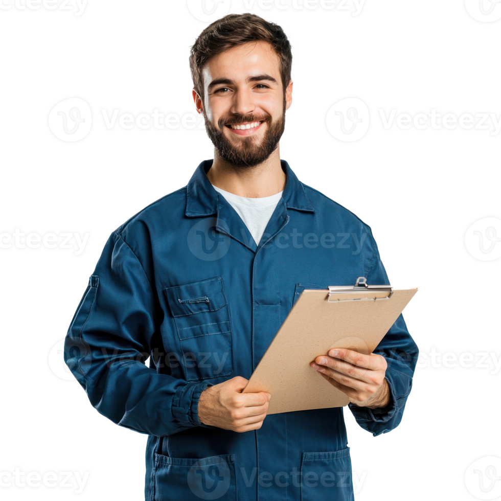 Smiling auto mechanic man with hand holding a clipboard, standing front view isolate on transparent background png