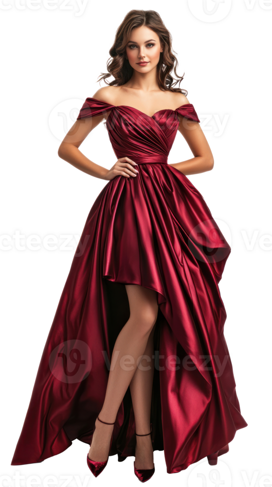 Fashion young woman in elegant dress, model posing full length isolate on transparent background png