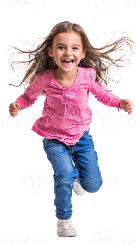 Little girl with excited smile he is run in air, Full length, isolate on transparent background png