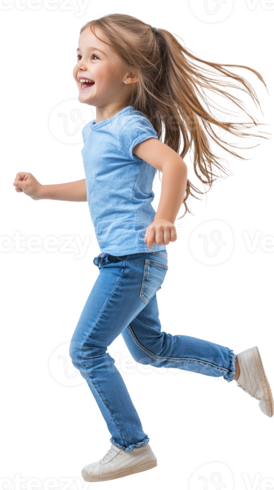 Little girl with excited smile he is run in air, Full length, side view isolate on transparent background png