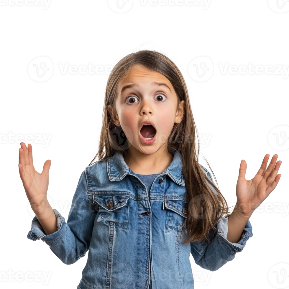 Shocked facial expression little girl student with hand open, standing isolate on transparent background png