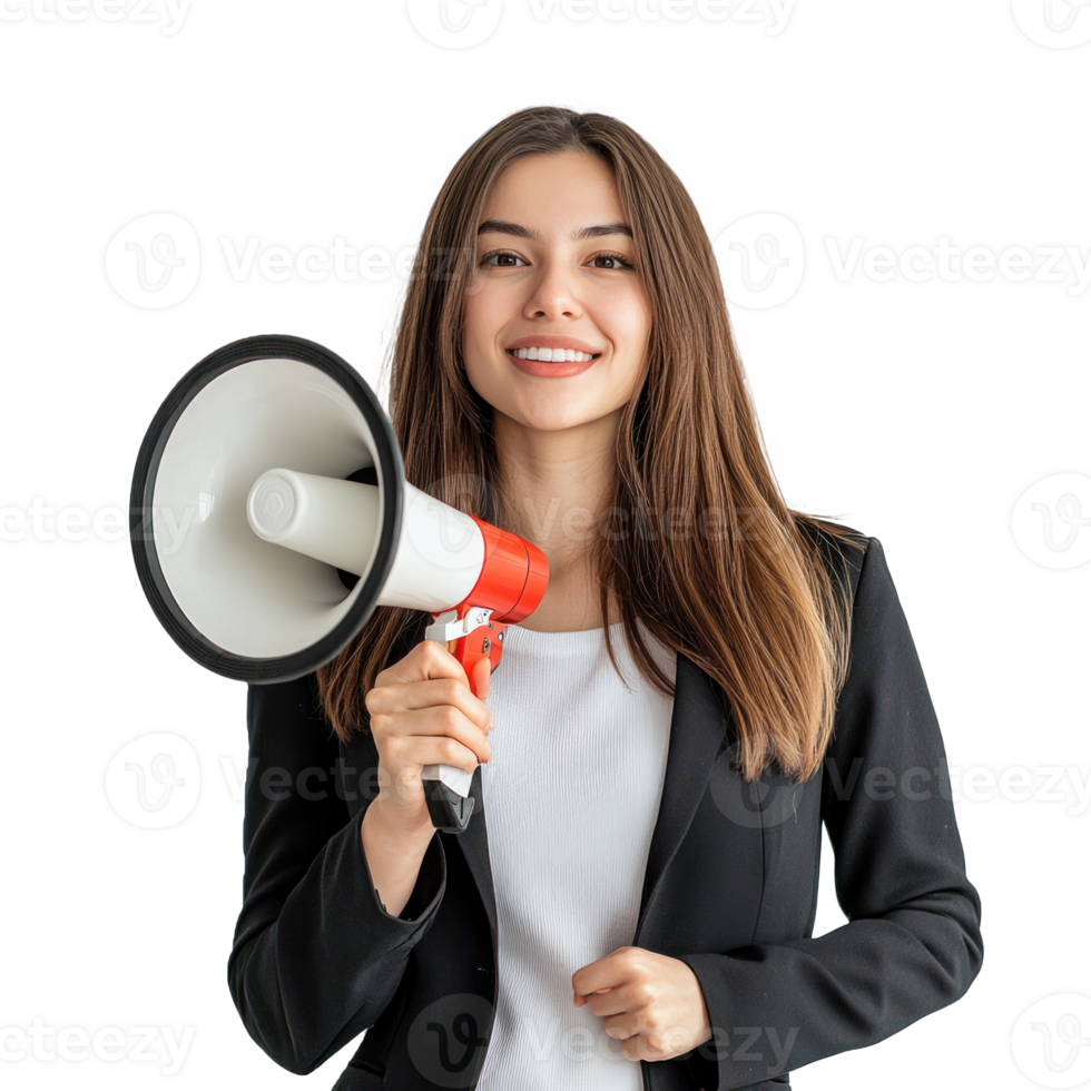 Smiling business woman hand holding megaphone looking at empty space, standing isolate on transparent background png