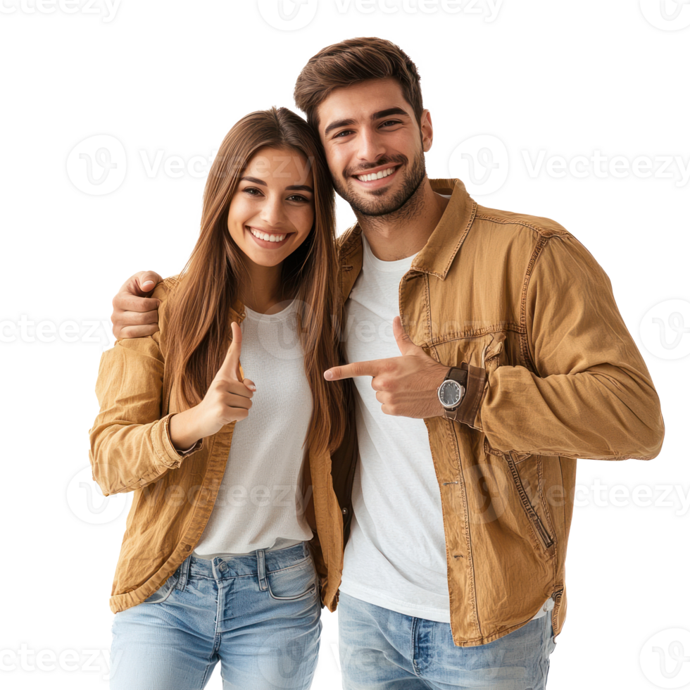 Smiling young couple hugging with hand pointing at copy space, standing front view isolate on transparent background png