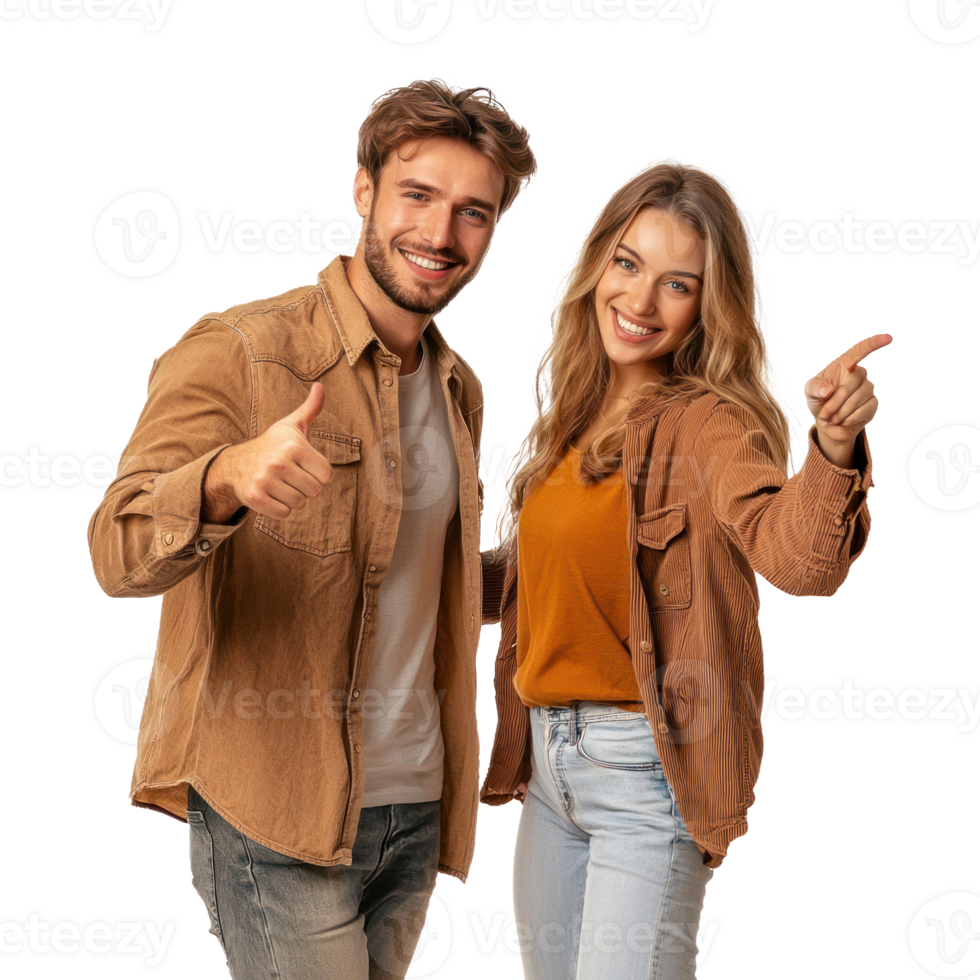 Smiling young man and woman pointing at camera, standing side view isolate on transparent background png