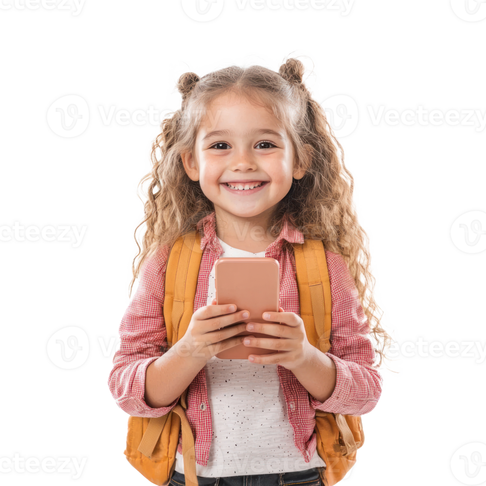 Happy smiling little girl student using smart phone, standing front view isolate on transparent background png
