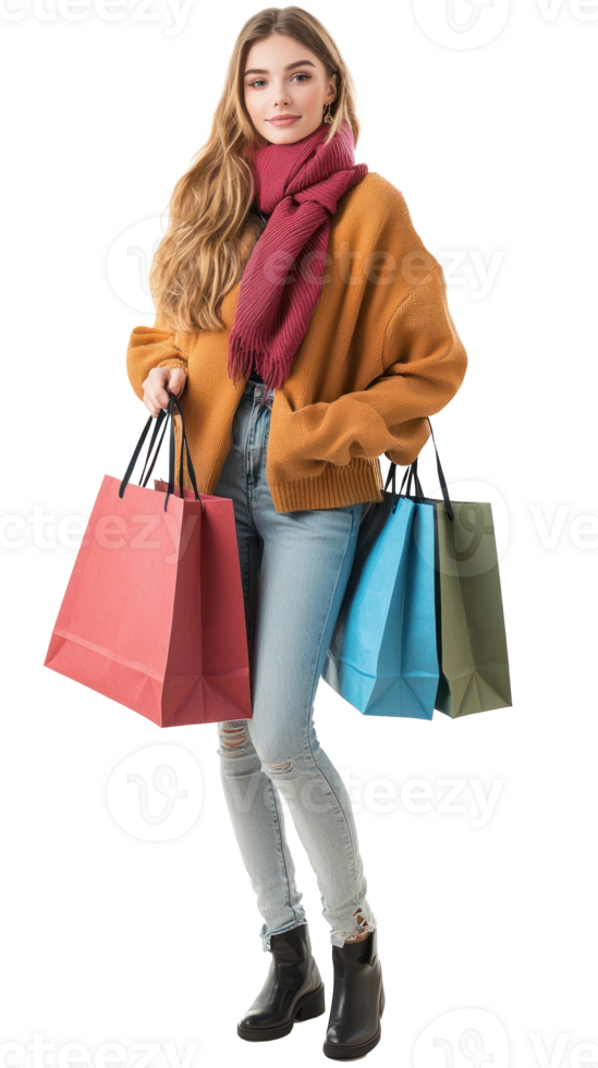 Pretty young woman posing with shopping bags, Full length isolate on transparent background png