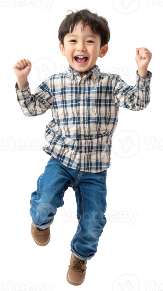 Little boy with excited smile he is run in air, Full length, isolate on transparent background png