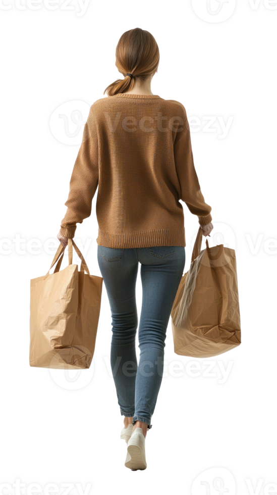 woman walking carrying grocery bags, full length front view isolate on transparent background png