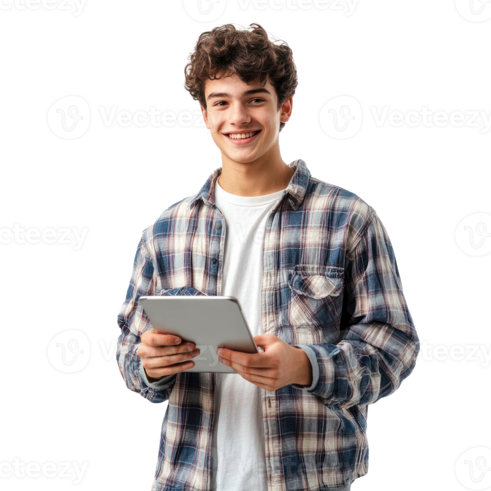 Cheerful young man student freelancer using digital tablet, standing front view isolate on transparent background png