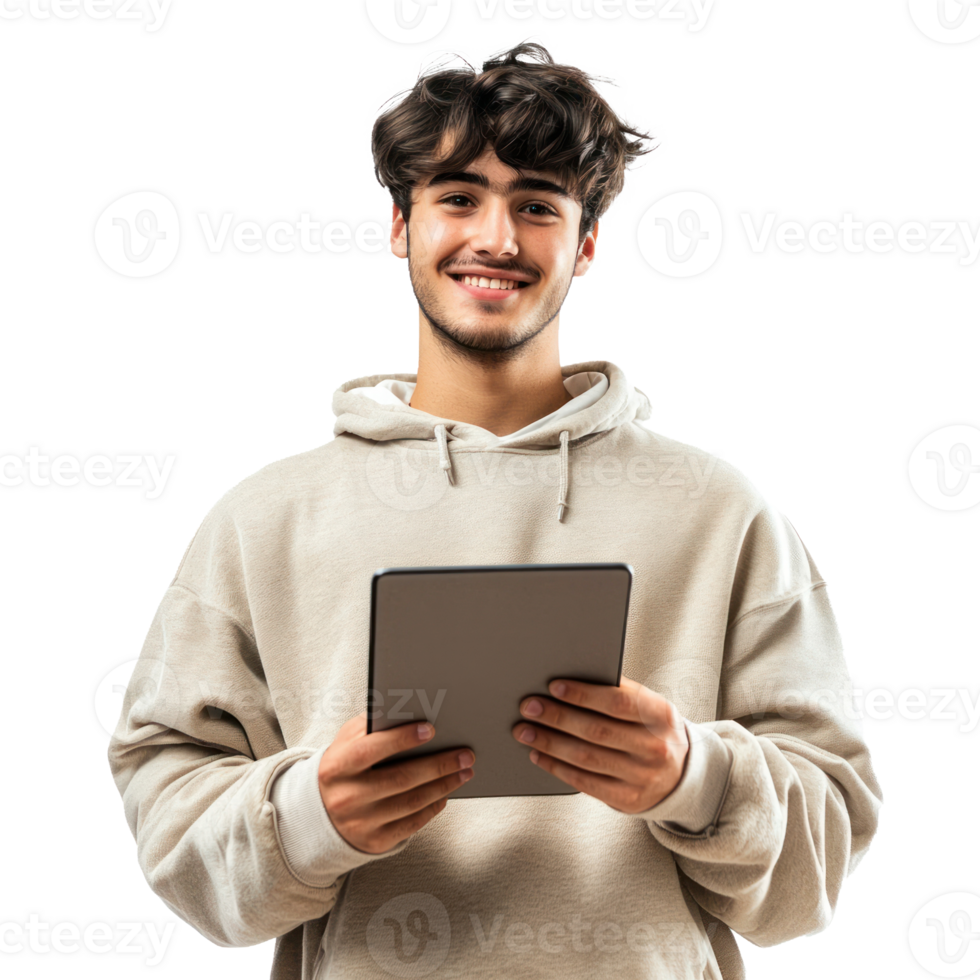 Cheerful young man student freelancer using digital tablet, standing isolate on transparent background png