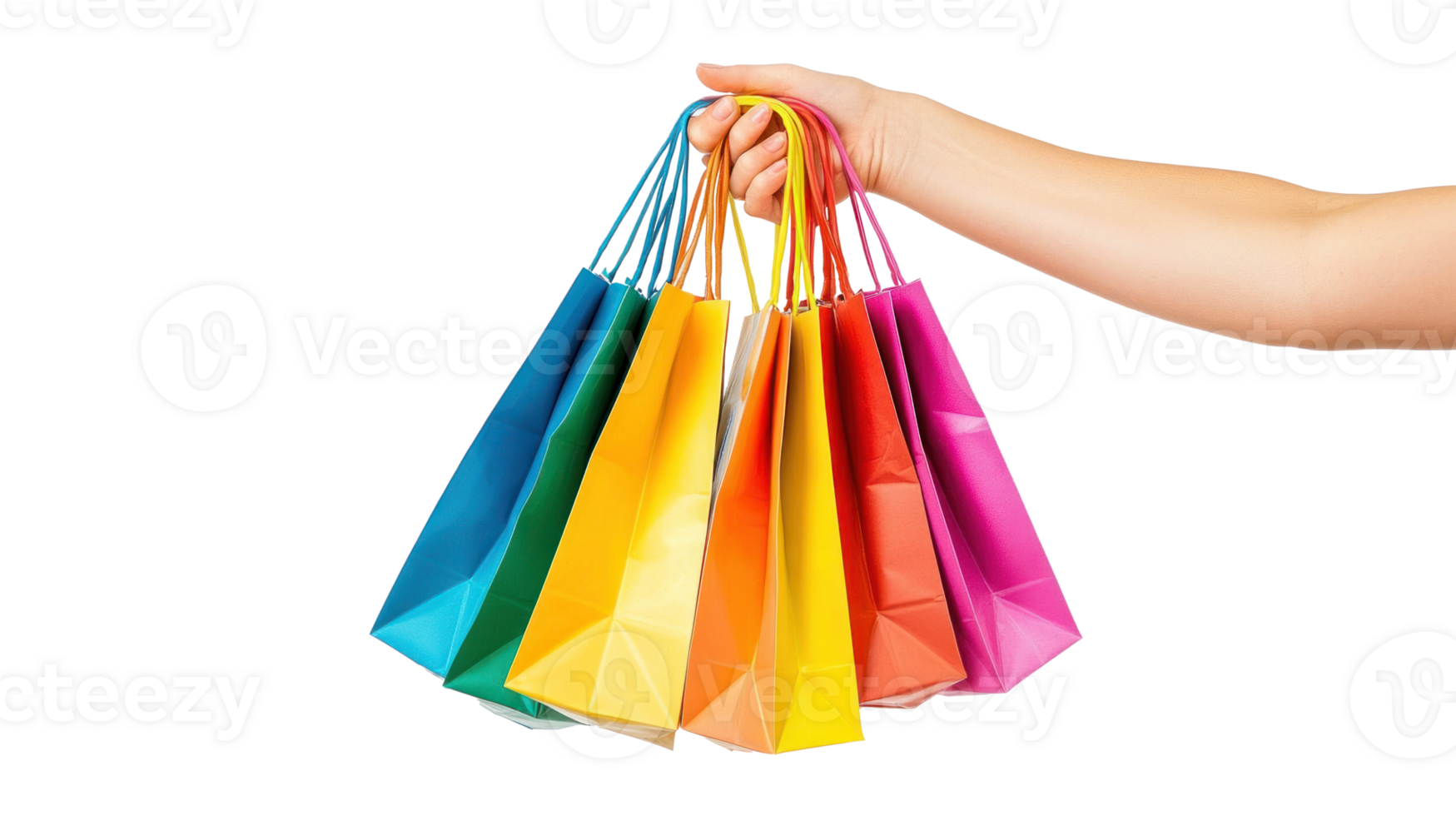 hand holding colorful shopping bag isolate on transparent background png