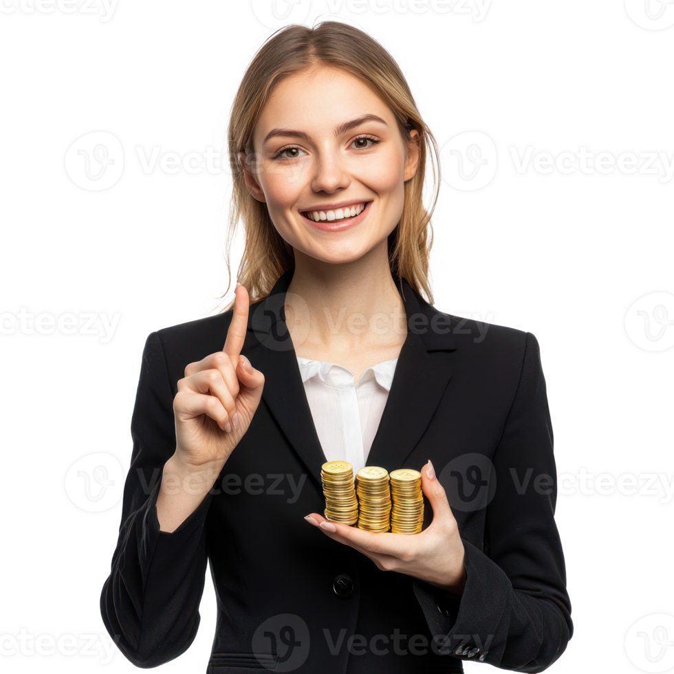 Smiling young businesswoman holding gold coins stack with hand pointing at empty space, standing front view isolate on transparent background png