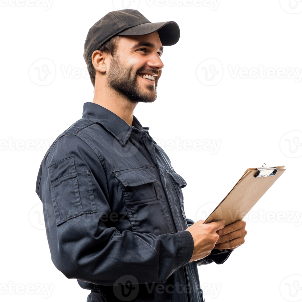 Smiling auto mechanic man with hand holding a clipboard, standing side view isolate on transparent background png
