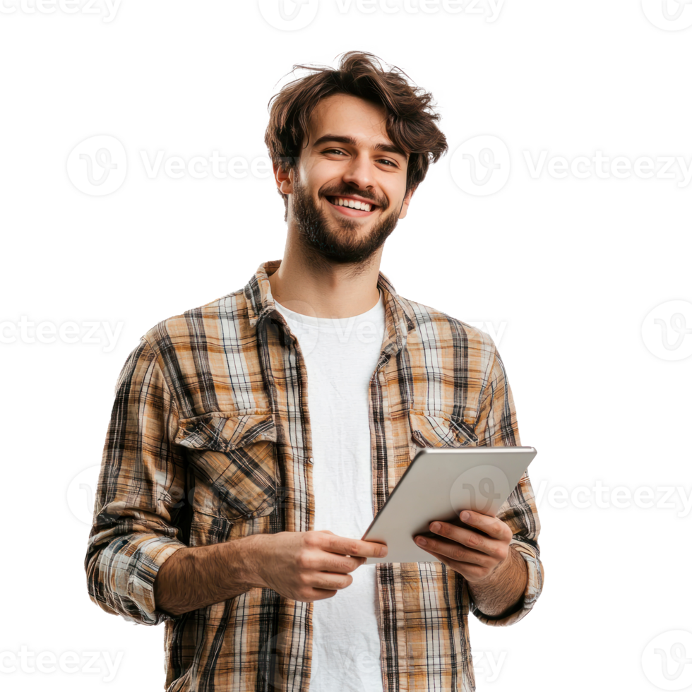 Cheerful young man student freelancer using digital tablet, standing isolate on transparent background png