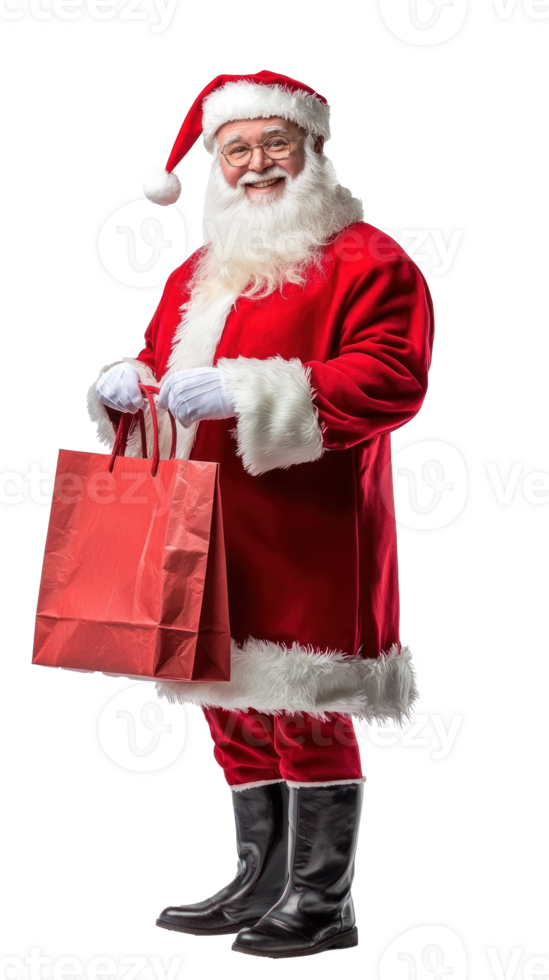 Smiling Santa Claus holding red shopping bag, full length side view isolate on transparent background png