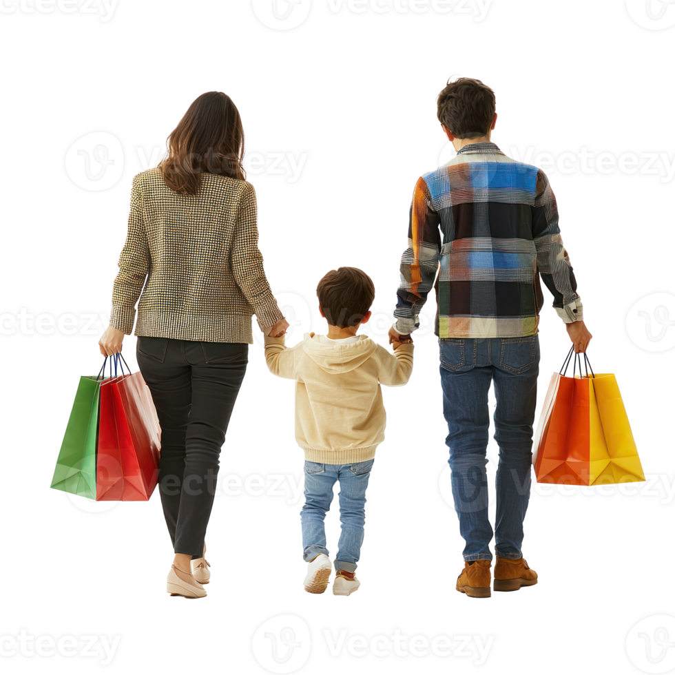 Back view of family with little child holding shopping bags, full length isolate on transparent background png