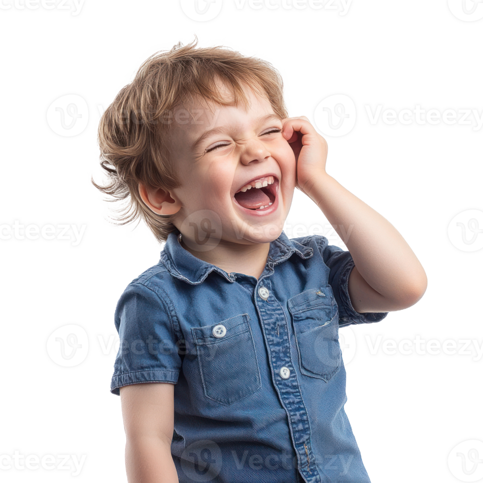Pretty little boy laughing with excitement, head in hand, standing isolate on transparent background png