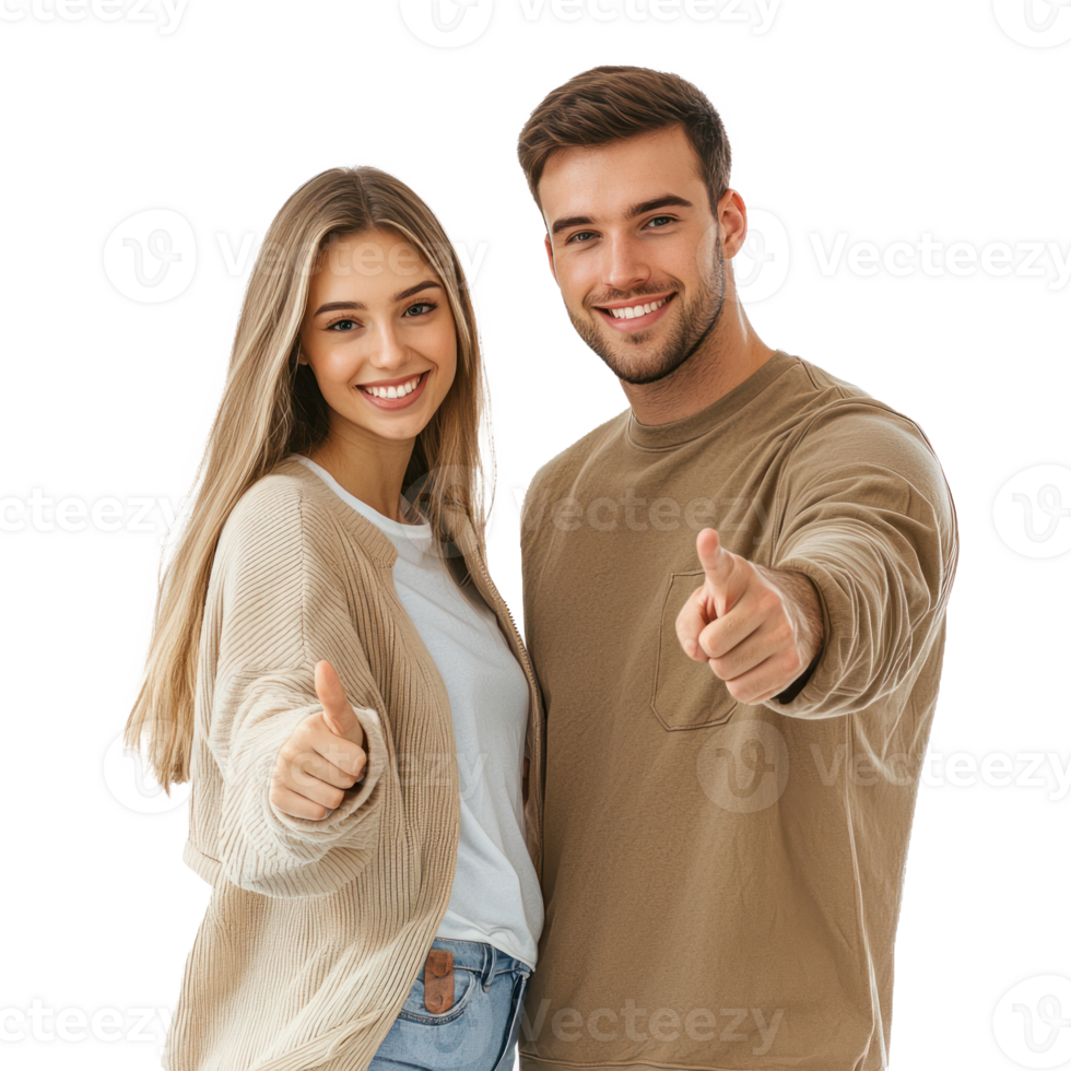 Smiling young man and woman pointing at camera, standing side view isolate on transparent background png