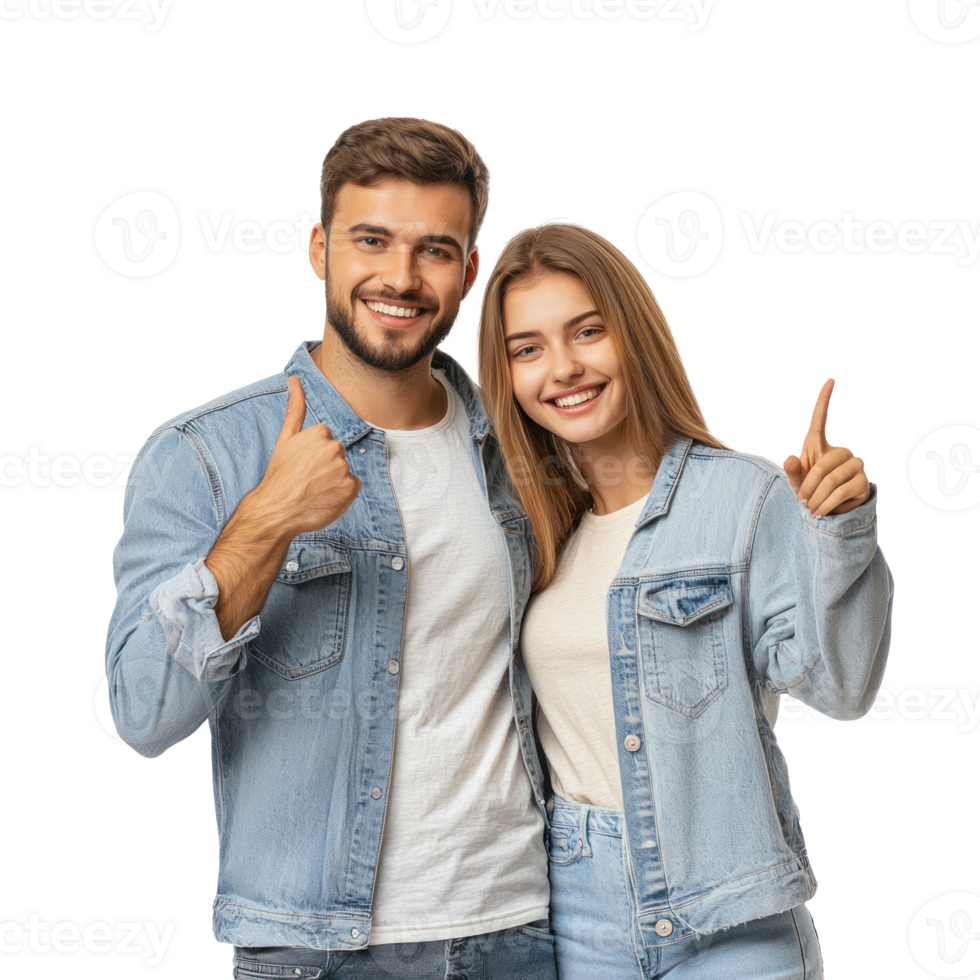 Smiling young couple hugging with hand pointing at copy space, standing front view isolate on transparent background png