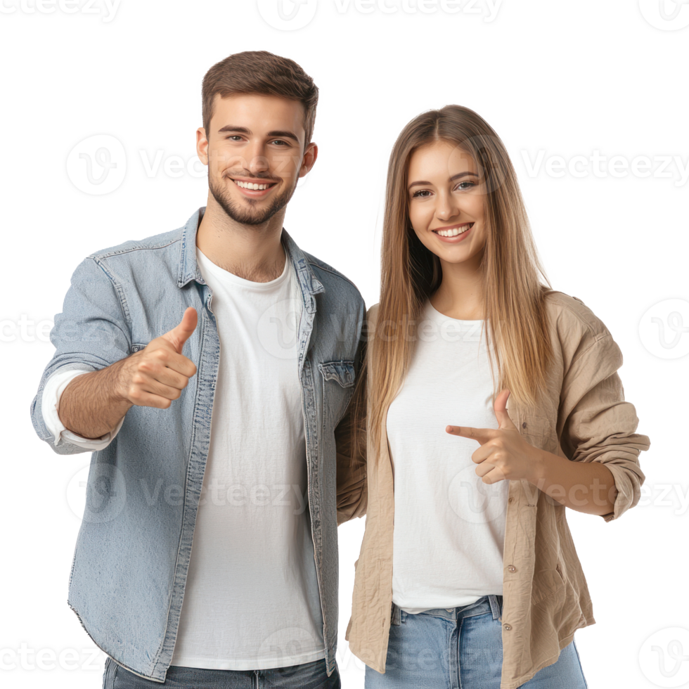 Smiling young man and woman pointing at camera, standing front view isolate on transparent background png