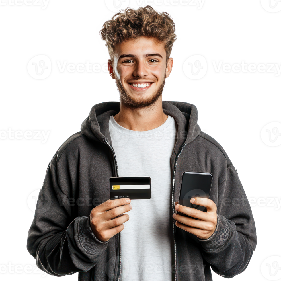 Smiling young man left holding holding a credit card and right hand holding mobile phone, standing isolate on transparent background png