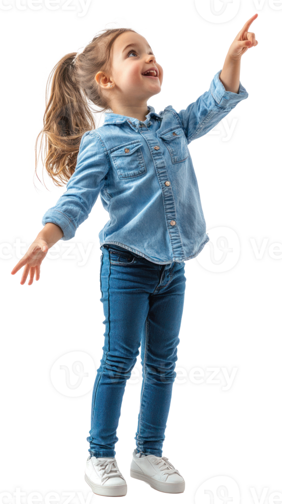 Excited little girl student floating in air with hand pointing at right side copyspace, Full length, side view isolate on transparent background png