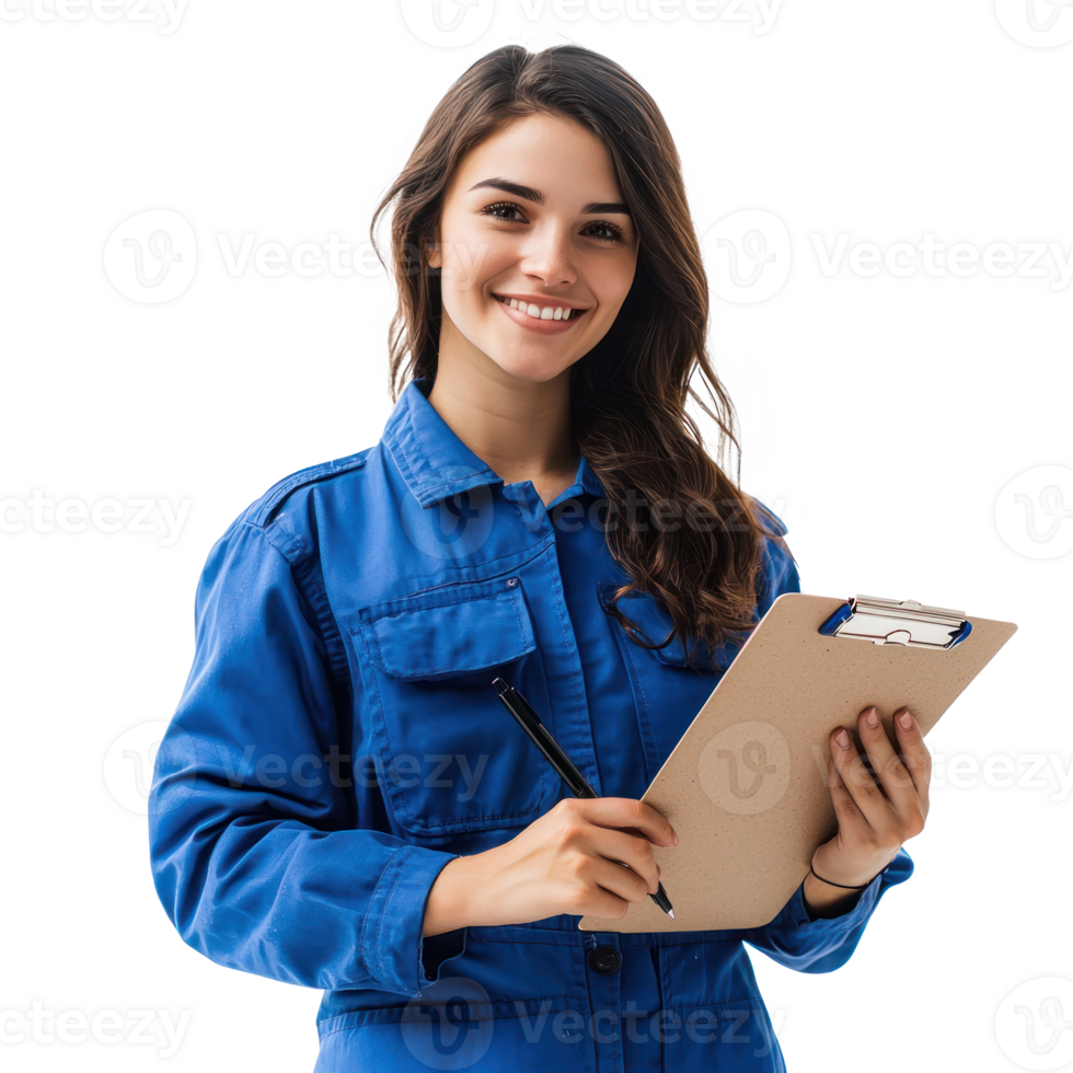 Smiling auto mechanic woman with hand holding a clipboard, standing isolate on transparent background png
