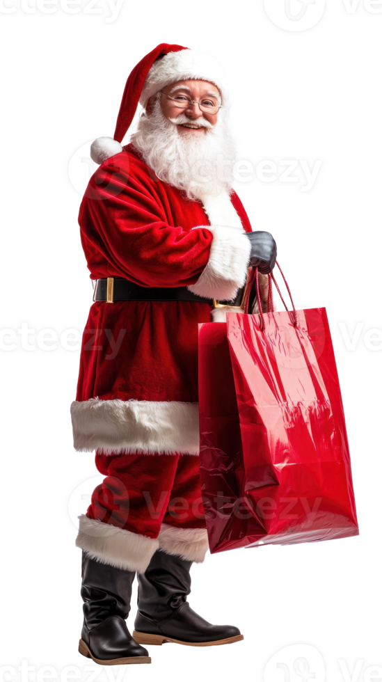 Smiling Santa Claus holding red shopping bag, full length side view isolate on transparent background png