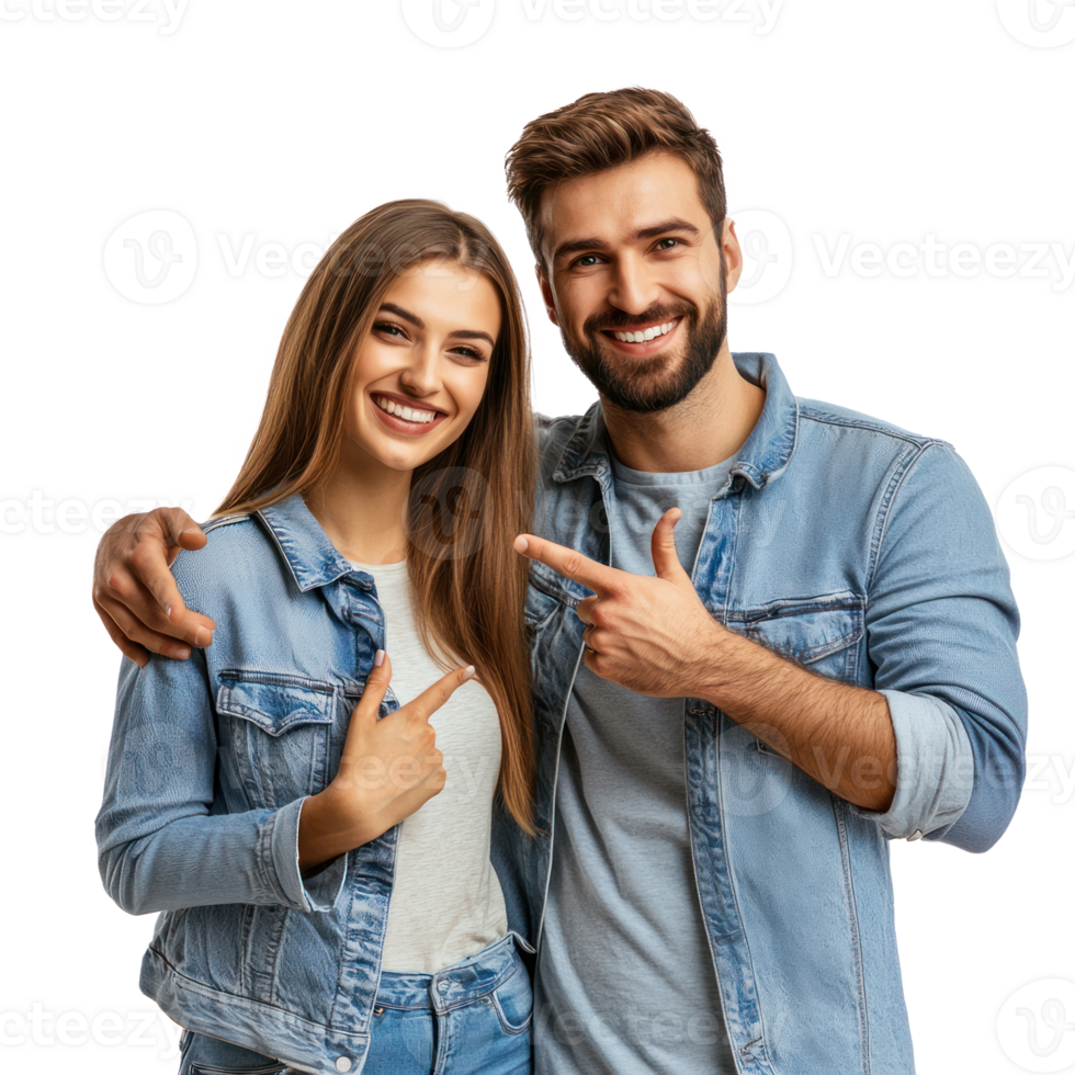 Smiling young couple hugging with hand pointing at copy space, standing isolate on transparent background png