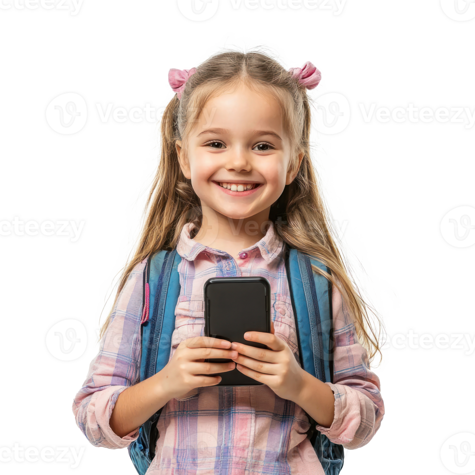 Happy smiling little girl student using smart phone, standing front view isolate on transparent background png