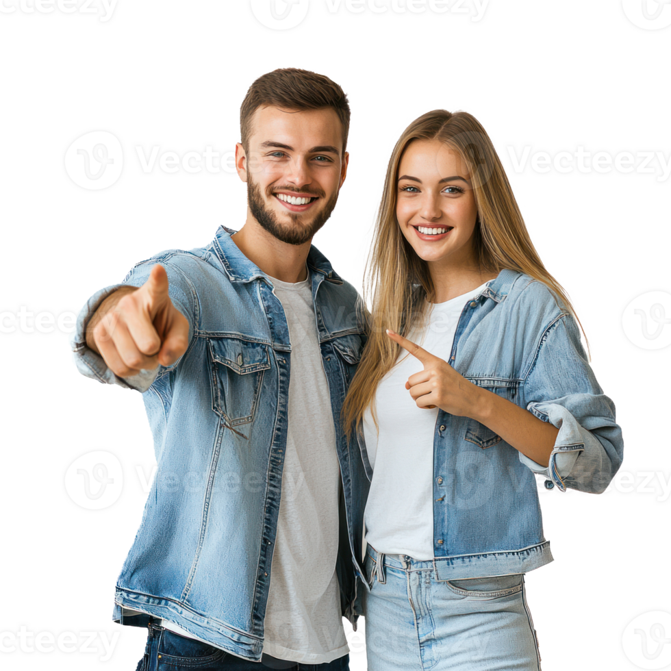 Smiling young man and woman pointing at camera, standing isolate on transparent background png
