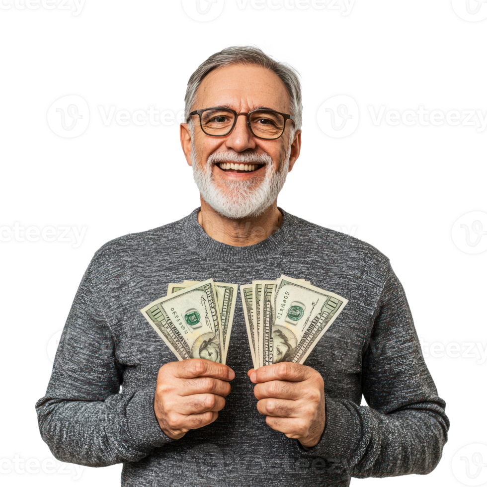 Happy senior man holding a bunch of US dollar money with gesture yes, standing isolate on transparent background png
