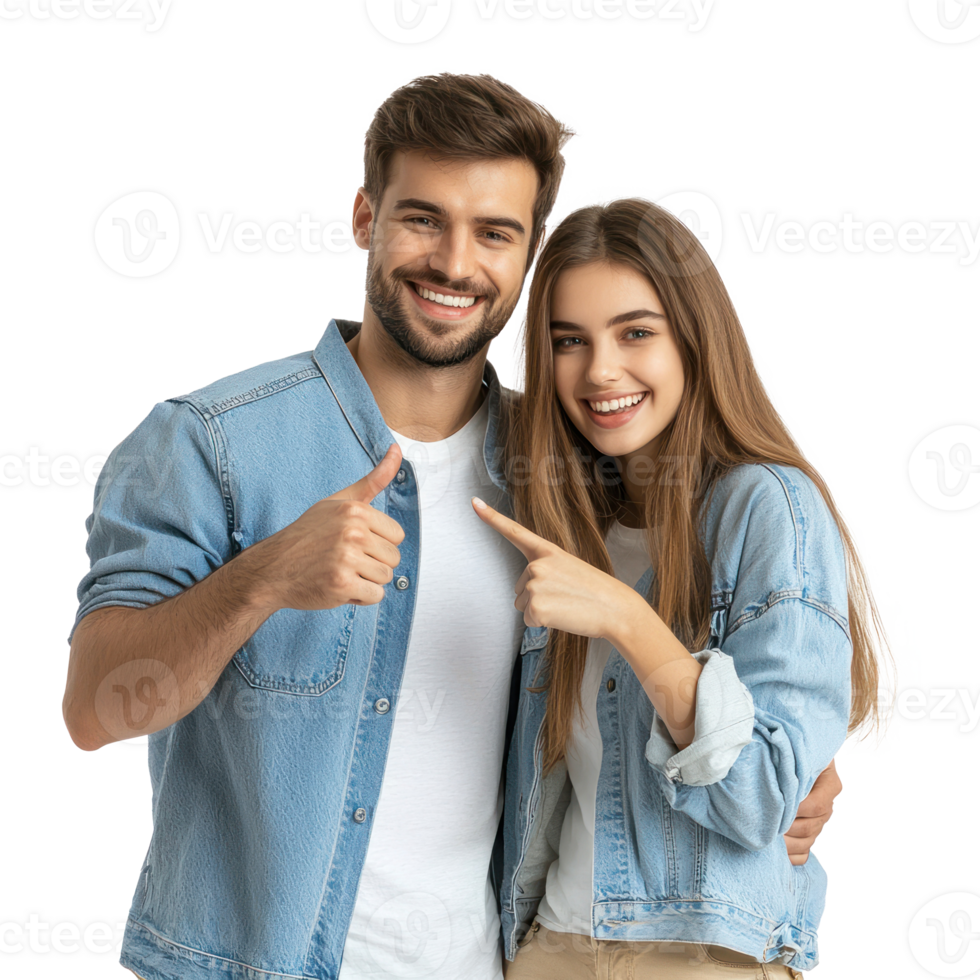 Smiling young couple hugging with hand pointing at copy space, standing front view isolate on transparent background png